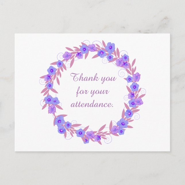 Thank you for your attendance purple floral postcard (Front)