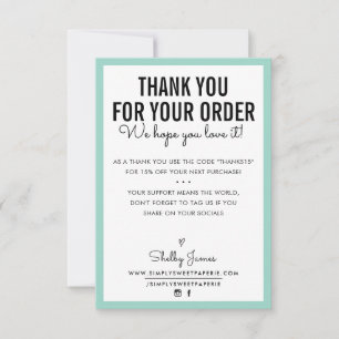 THANK YOU FOR YOUR ORDER glam insert modern mint Card