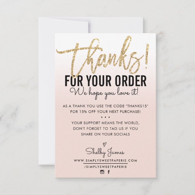 THANK YOU FOR YOUR ORDER insert gold ombre blush Card (Front)