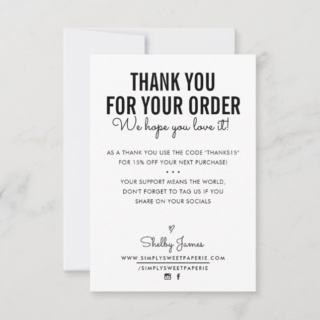THANK YOU FOR YOUR ORDER insert modern black white Card (Front)