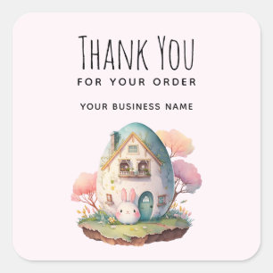 Thank You for Your Order Pink Pastel Bunny & House Square Sticker