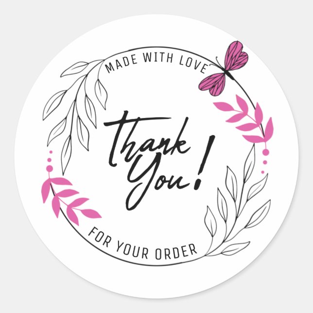 Thank you for your order with pink butterfly classic round sticker (Front)