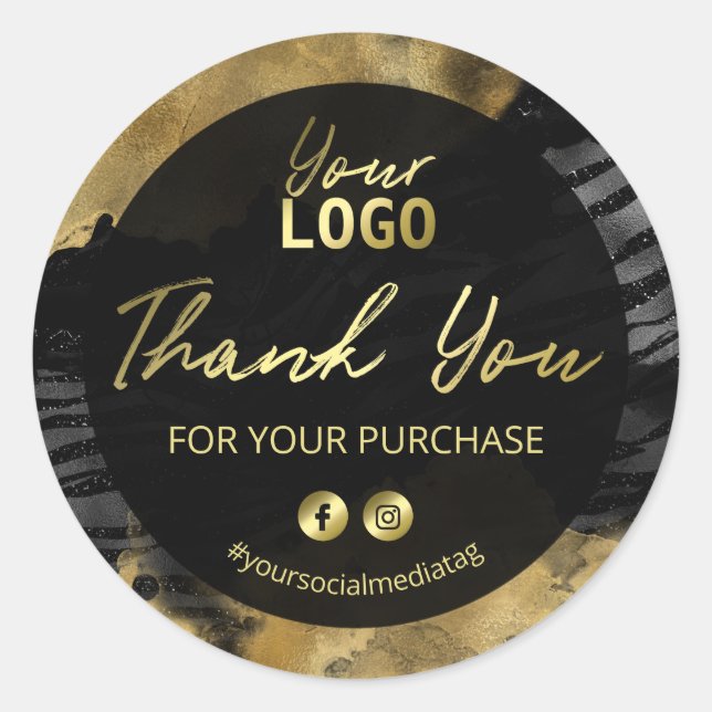 Thank You For Your Purchase Black And Gold Classic Round Sticker (Front)