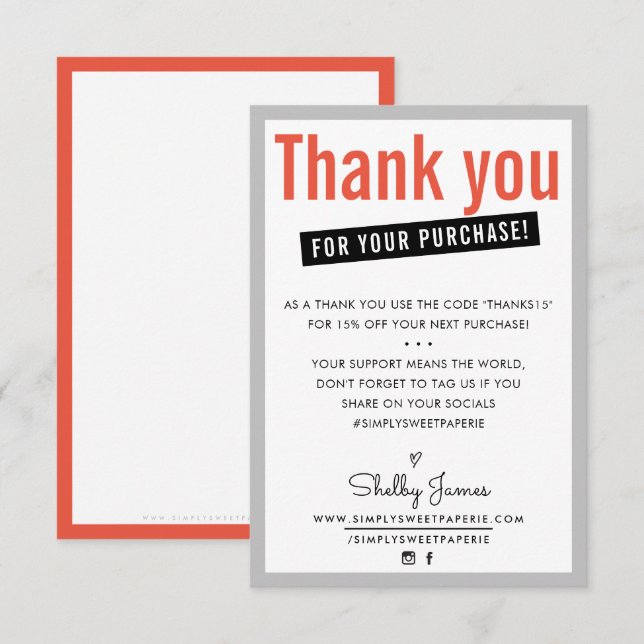 THANK YOU FOR YOUR PURCHASE customer insert orange Card (Front/Back)