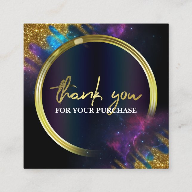 Thank You For Your Purchase Galaxy Glitter Black Square Business Card (Front)