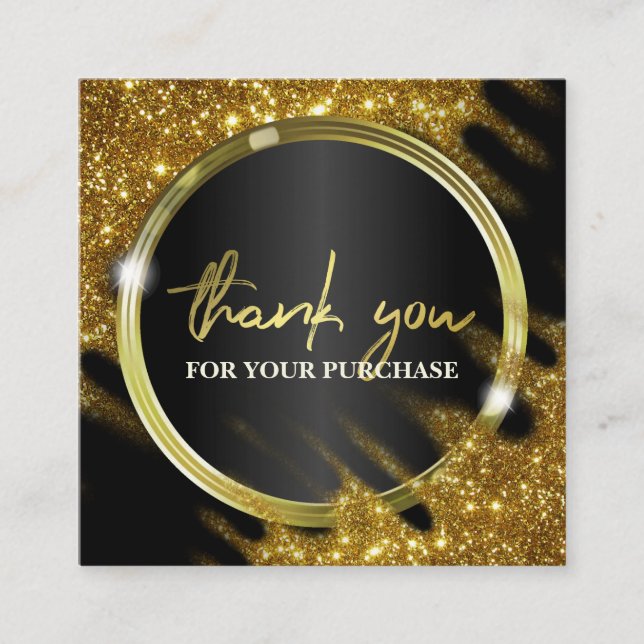 Thank You For Your Purchase Gold Glitter Square Business Card (Front)