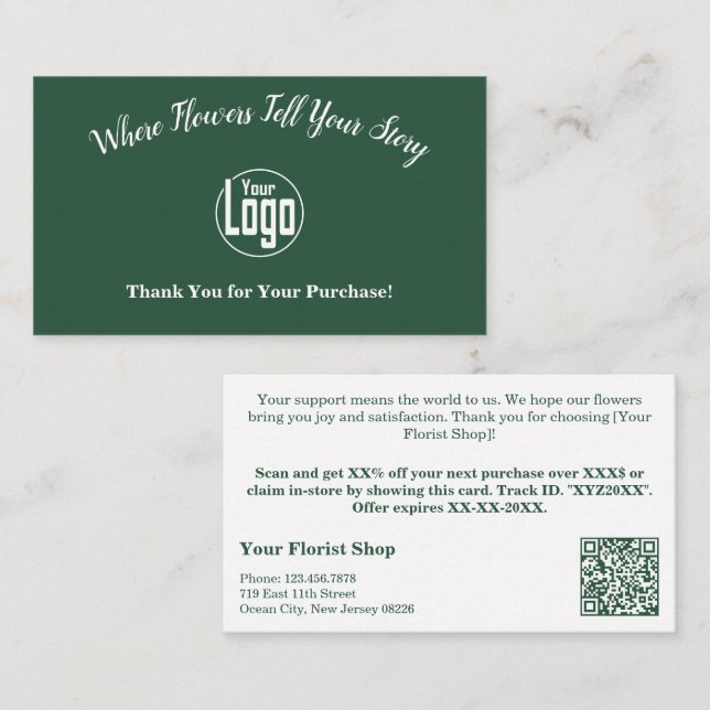 Thank You For Your Purchase Green Florist  Discount Card (Front/Back)
