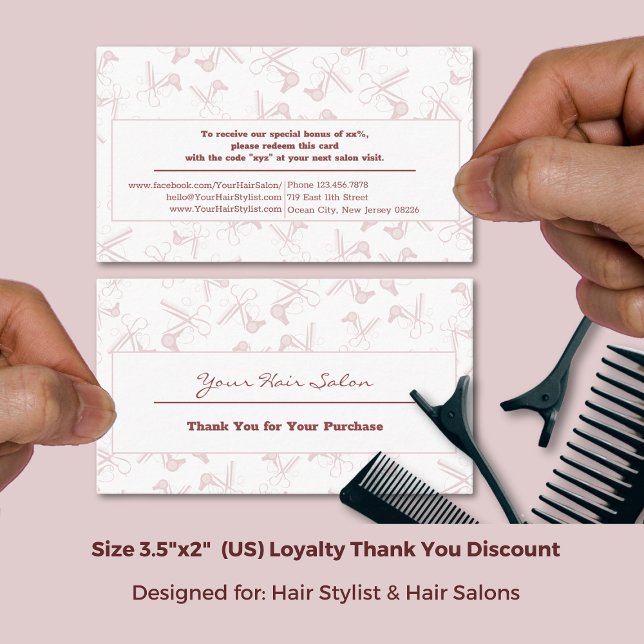 Thank You for Your Purchase Hair Salon White-Pink  Discount Card (Thank You for Your Purchase Hair Salon White-Pink Discount Card; Size 3.5x2 Inch)
