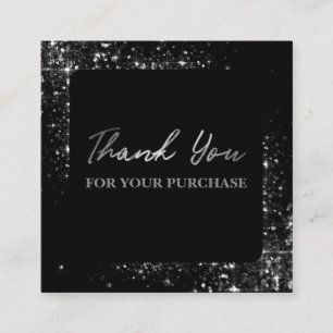 Thank You For Your Purchase Silver Glitter Black Square Business Card