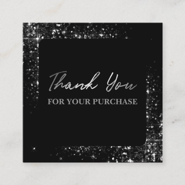 Thank You For Your Purchase Silver Glitter Black Square Business Card (Front)