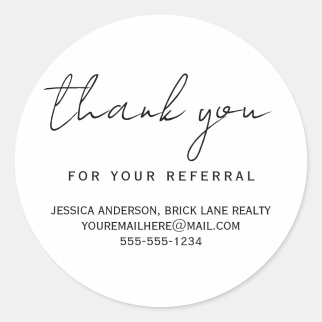 Thank You for Your Referral Contact Info Classic Round Sticker (Front)