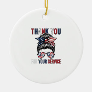 Thank You For Your Service Patriotic Messy Bun Shi Ceramic Tree Decoration