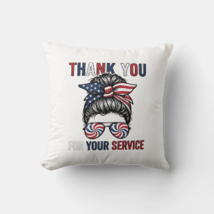Thank You For Your Service Patriotic Messy Bun Shi Cushion