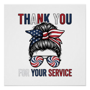 Thank You For Your Service Patriotic Messy Bun Shi Poster