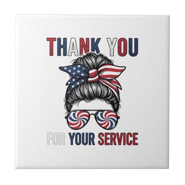Thank You For Your Service Patriotic Messy Bun Shi Tile (Front)