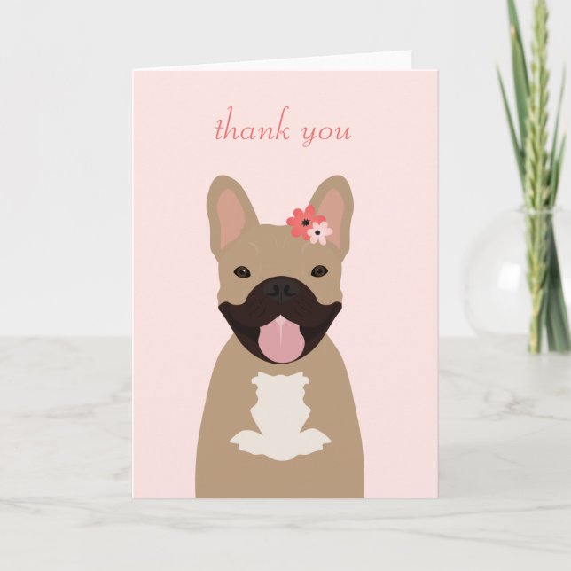 Thank You French Bulldogs Smiling Flowers Pink Card (Front)