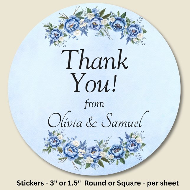Thank You from Bride & Groom Names Blue Peony  Classic Round Sticker (Creator Uploaded)