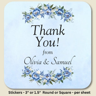 Thank You from Bride & Groom Names Blue Peony  Square Sticker