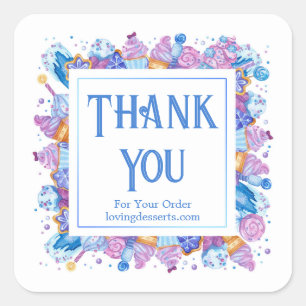 Thank You Fun Ice Cream Cake Blue Square Sticker