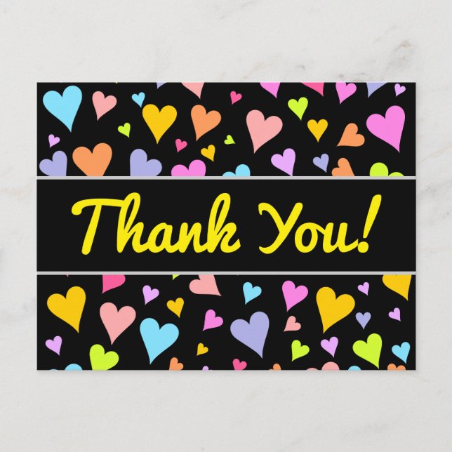 "Thank You!"; Fun, Loving, Colourful Hearts Patter Postcard (Front)
