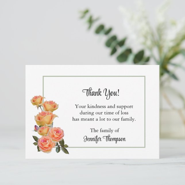 Thank You Funeral Card - Yellow Roses  (Standing Front)