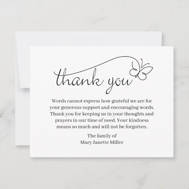 Thank you Funeral Note Card Bereavement Butterfly (Front)