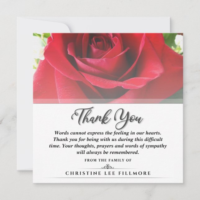 Thank You Funeral Red Rose Square - Words (Front)
