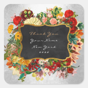 Thank You Gift Baroque Gold Silver Roses Floral Square Sticker