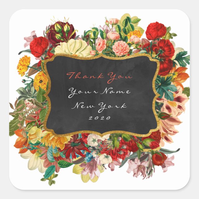 Thank You Gift Name Gold Glitter Vip Roses Floral Square Sticker (Front)