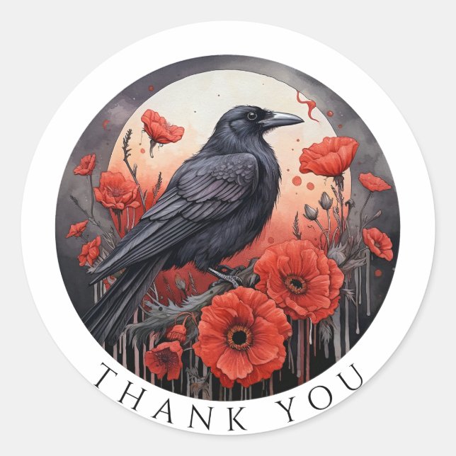 Thank You Gift Stickers Crow Bird Flowers Sticker (Front)