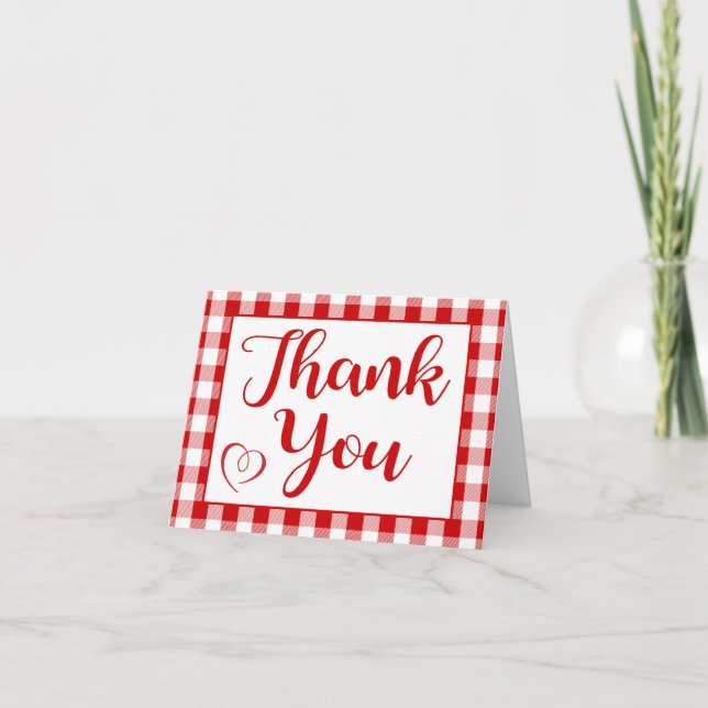 Thank You Gingham Red White Checks Rustic Country Card (Front)