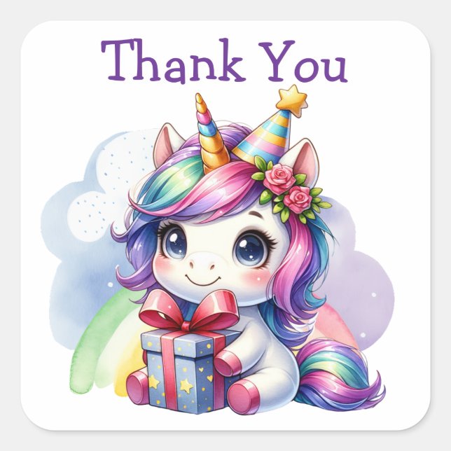 Thank You | Girl's Birthday Unicorn Square Sticker (Front)
