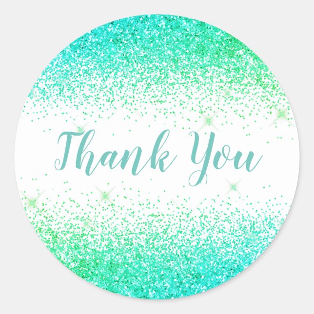 Thank You Glam Green Glitter Elegant Girly Script Classic Round Sticker (Front)