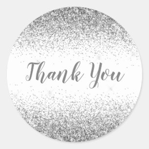 Thank You Glam Silver Glitter Elegant Girly Script Classic Round Sticker