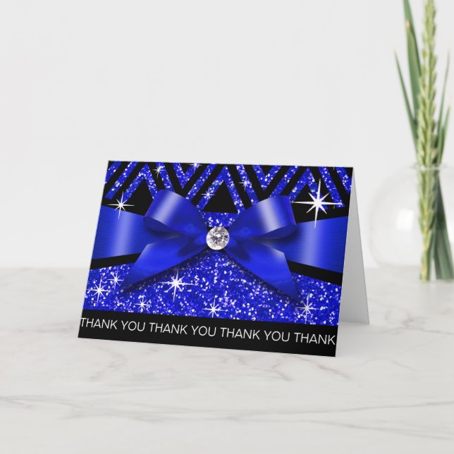 Thank you Glitter Chevron Bling Diamond sapphire Card (Front)