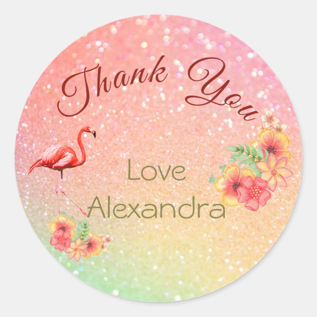 Thank You Glitter Flamingo Tropical Floral  Classic Round Sticker (Front)