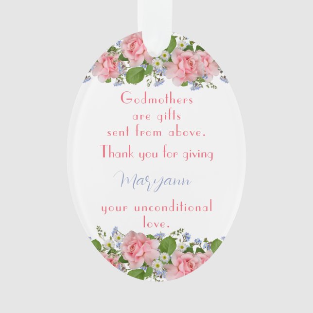 Thank You Godmother Gift Pink Flowers Personalised Ornament (Front)