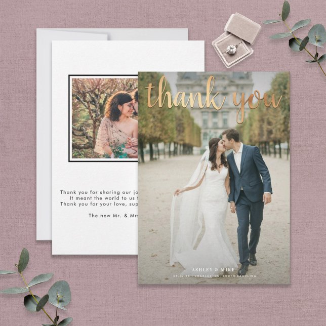 THANK YOU Gold 2 Photo Black & White Wedding Card (Creator Uploaded)
