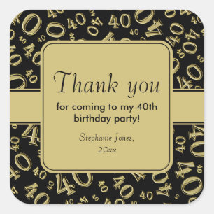Thank You: Gold and Black 40th Number Pattern Square Sticker