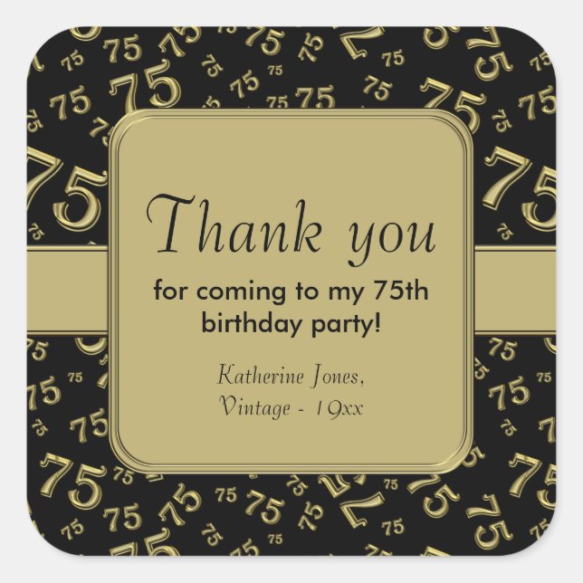 Thank You: Gold and  black 75th Birthday Party Square Sticker (Front)