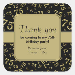 Thank You: Gold and  black 75th Birthday Party Square Sticker