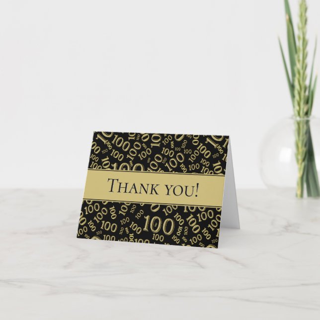 "Thank you!" Gold and Black Number 100 Pattern Thank You Card (Front)