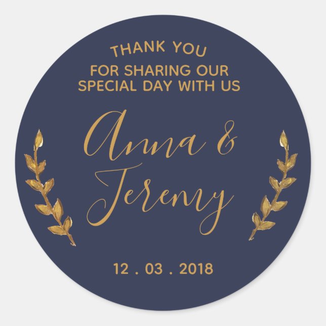 Thank you Gold and Navy Blue Feather Sticker (Front)