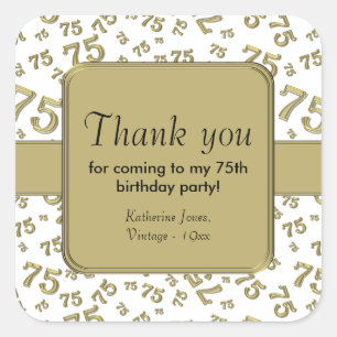 Thank You: Gold and  White 75th Birthday Party Square Sticker