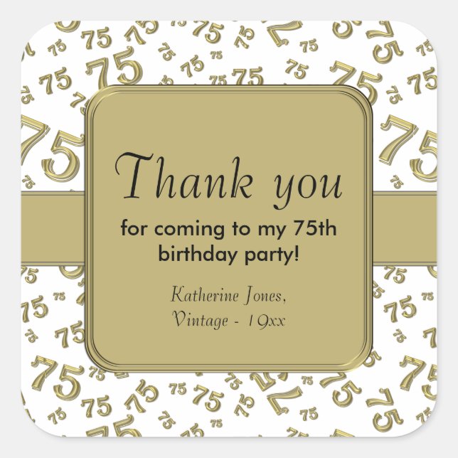 Thank You: Gold and  White 75th Birthday Party Square Sticker (Front)