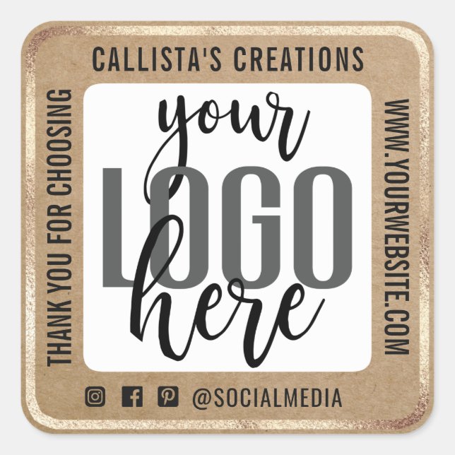 Thank You Gold Border Kraft Paper Business Logo Square Sticker (Front)