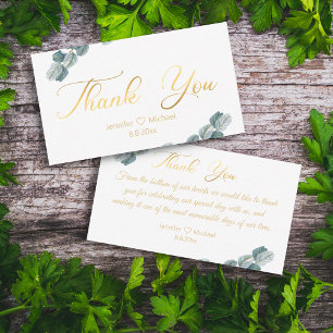 thank you,gold calligraphy eucalyptus wedding card