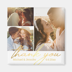 thank you gold calligraphy wedding 3 photo collage magnet