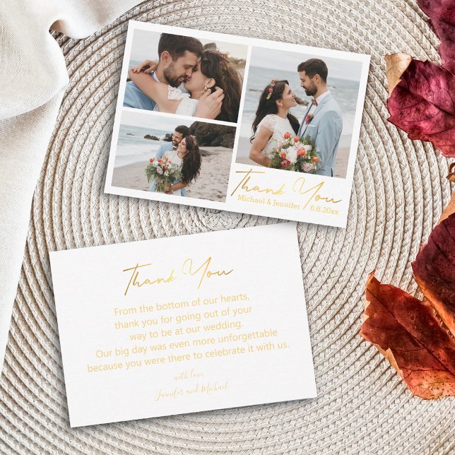 thank you, gold calligraphy wedding photo collage  card (Creator Uploaded)