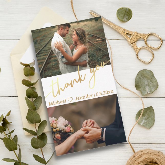 thank you gold calligraphy wedding photo collage card (Creator Uploaded)